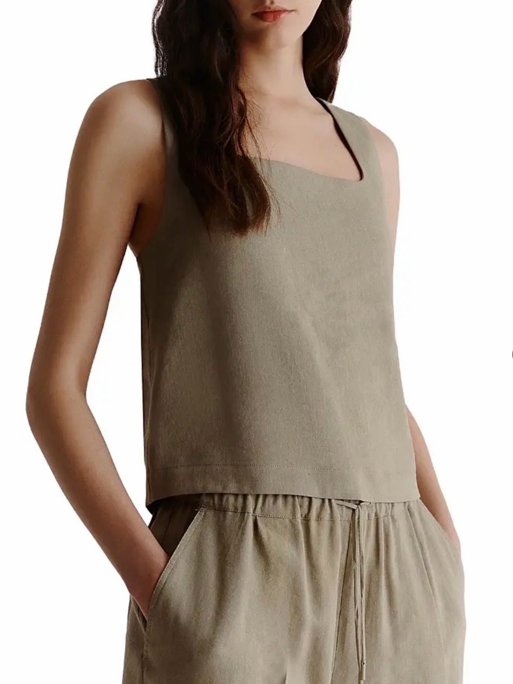 Marella Women's Green Linen Square Neck Sleeveless Terni Tank Top Size 2